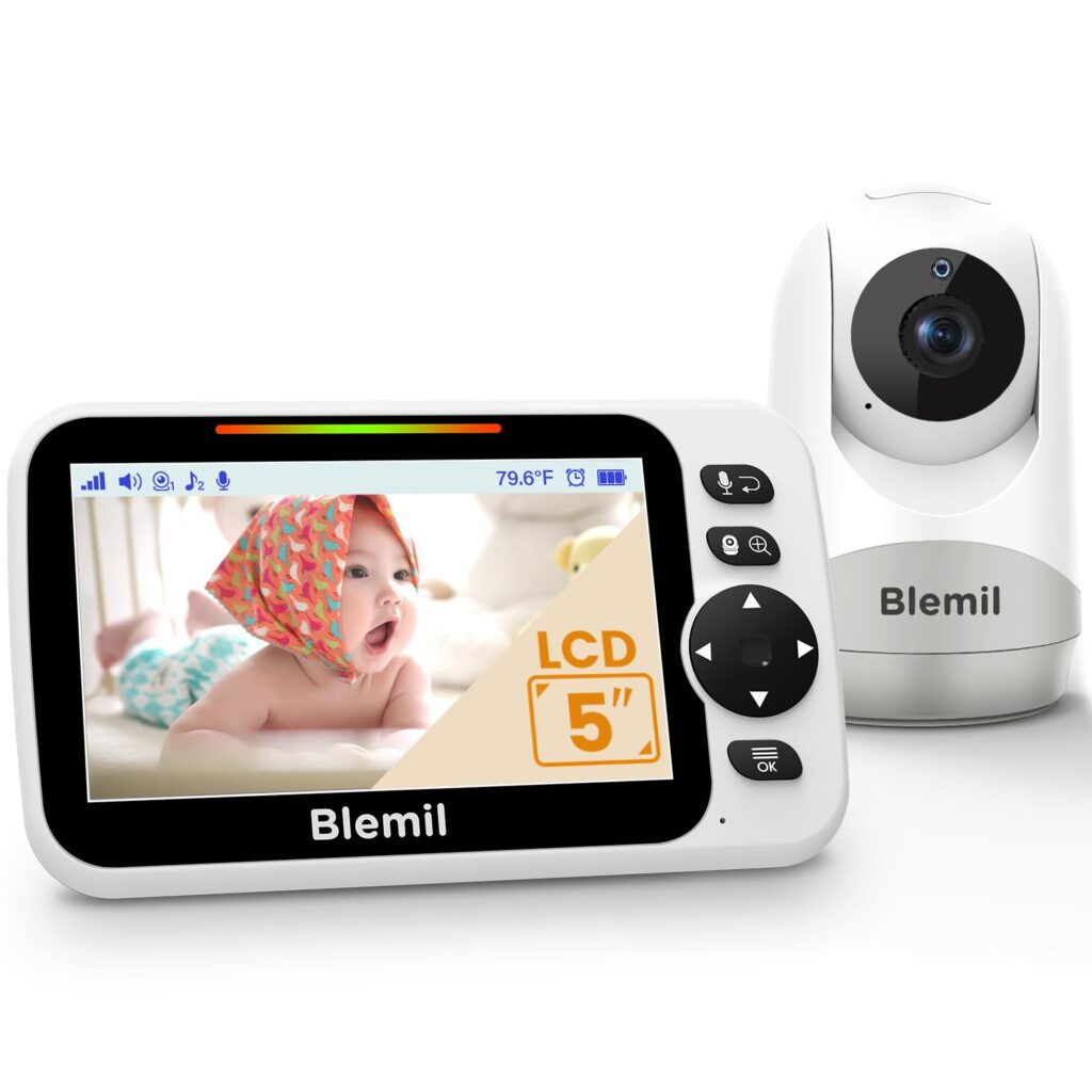 Blemil Baby Monitor with 30-Hour Battery, 5 Large Split-Screen Video Baby Monitor with Camera and Audio, Remote Pan/Tilt/Zoom Camera, Two-Way Talk, Night Vision, Lullabies, No WiFi