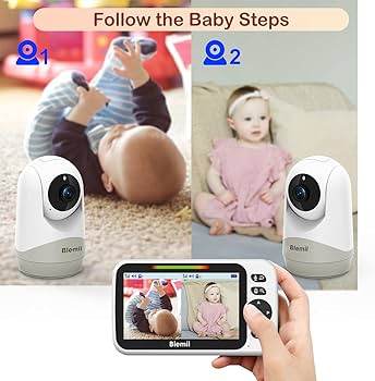 Blemil Baby Monitor with 30-Hour Battery, 5 Large Split-Screen Video Baby Monitor with Camera and Audio, Remote Pan/Tilt/Zoom Camera, Two-Way Talk, Night Vision, Lullabies, No WiFi