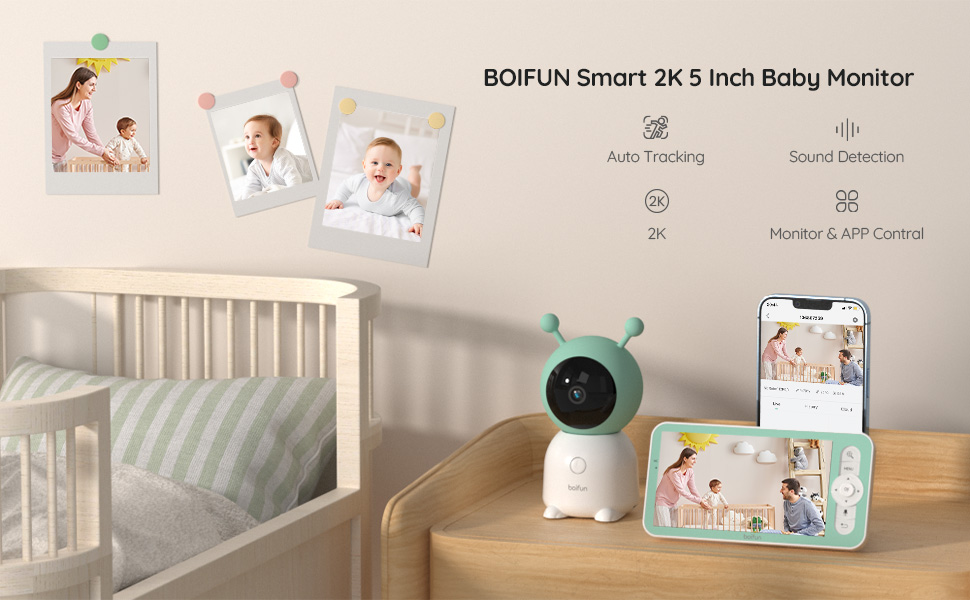 BOIFUN 5 Baby Monitor, 2K WiFi Baby Monitor Via Screen and App Control, Video Record  Playback, Temperature  Humidity Sensor, Night Vision, 2-Way Audio, Cry  Motion Detection, with Wall Mount Base