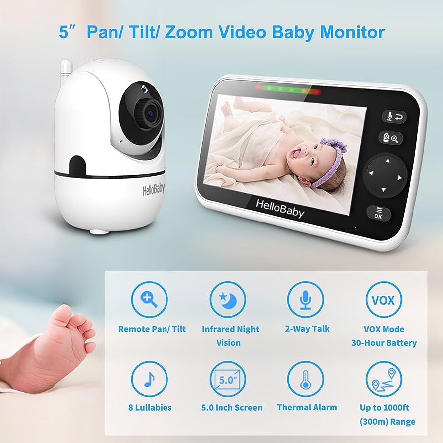 HelloBaby Upgrade Monitor, 5Sreen with 30-Hour Battery, Pan-Tilt-Zoom Video Baby Monitor with Camera and Audio, Night Vision, VOX, 2-Way Talk, 8 Lullabies and 1000ft Range No WiFi, Ideal Gifts