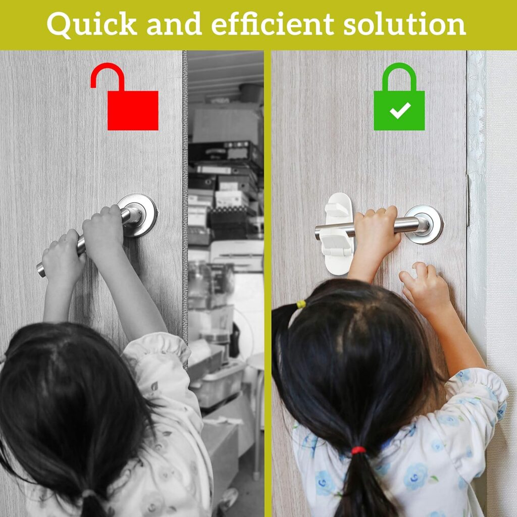 Improved Childproof Door Lever Lock (2 Pack) Prevents Toddlers From Opening Doors. Easy One Hand Operation for Adults. Durable ABS with 3M Adhesive Backing. Simple Install, No Tools Needed (White, 2)