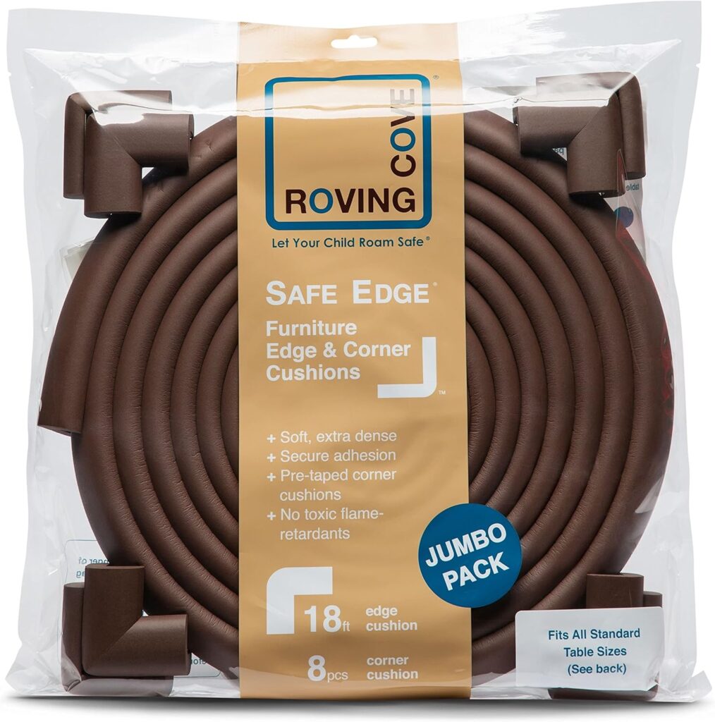 RovingCove Edge Corner Protector Baby Proofing (Large 18ft 8 Corners), Hefty-Fit Heavy-Duty, Soft NBR Rubber Foam, Furniture Fireplace Safety Bumper Guard, 3M Adhesive, Coffee Brown